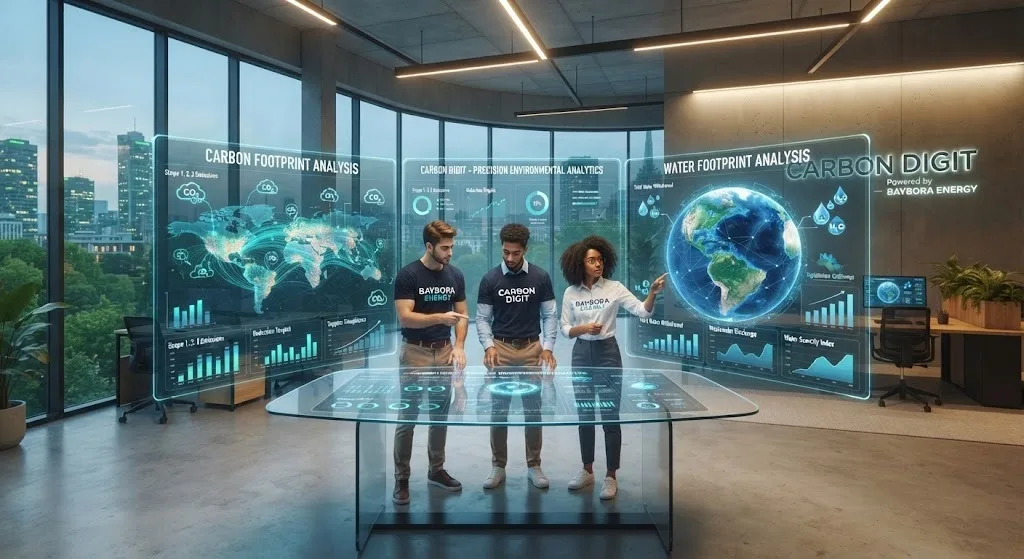 Carbon Digit ekibi karbon ve su ayak izi panolarını inceliyor